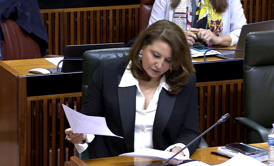 La consejera Carmen Crespo durante su participación en el pleno del Parlamento de Andalucía
