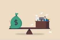 dibujo balanza, a un lado dinero al otro sr. trabajando