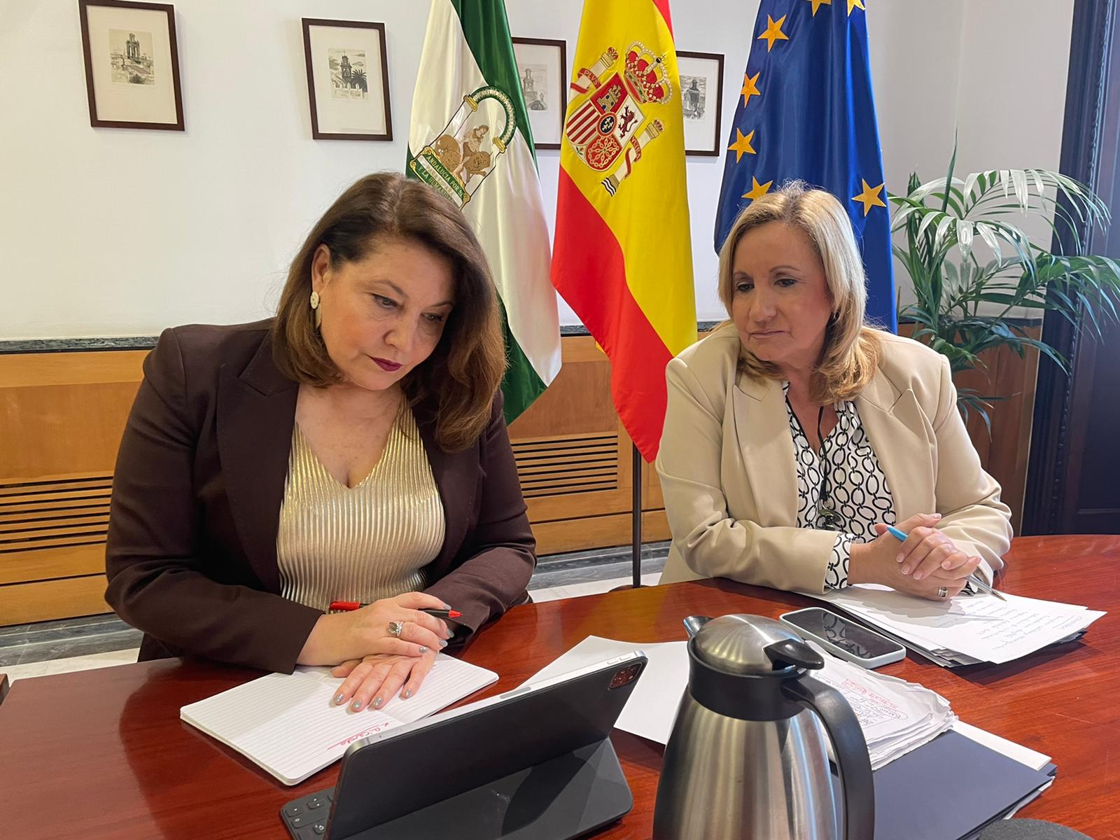 La consejera Carmen Crespo y la viceconsejera Consolación Vera en la Mesa de Interlocución telemática
