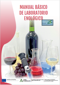 Botella de vino con distintas copas y matraces de laboratorio.