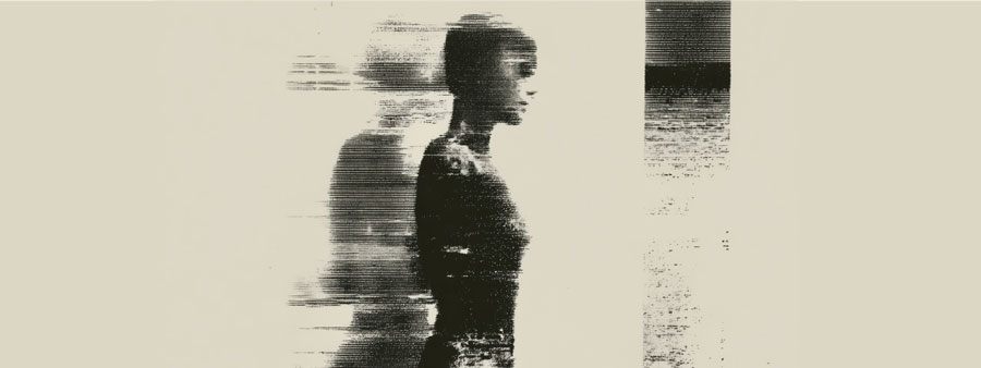 Figura humana con efecto de distorsión digital que da sensación de movimiento